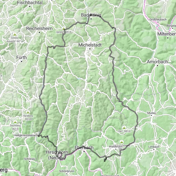 Map miniature of "Odenwald Panorama Route" cycling inspiration in Darmstadt, Germany. Generated by Tarmacs.app cycling route planner