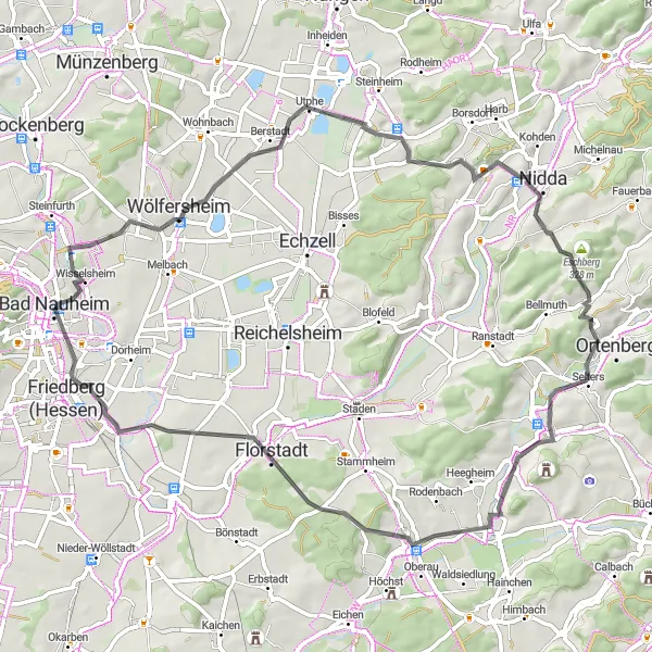 Map miniature of "Wetterau Road Discovery" cycling inspiration in Darmstadt, Germany. Generated by Tarmacs.app cycling route planner