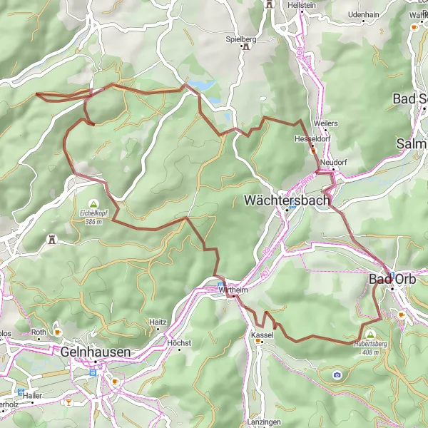 Map miniature of "Bad Orb to Molkenberg Gravel Route" cycling inspiration in Darmstadt, Germany. Generated by Tarmacs.app cycling route planner