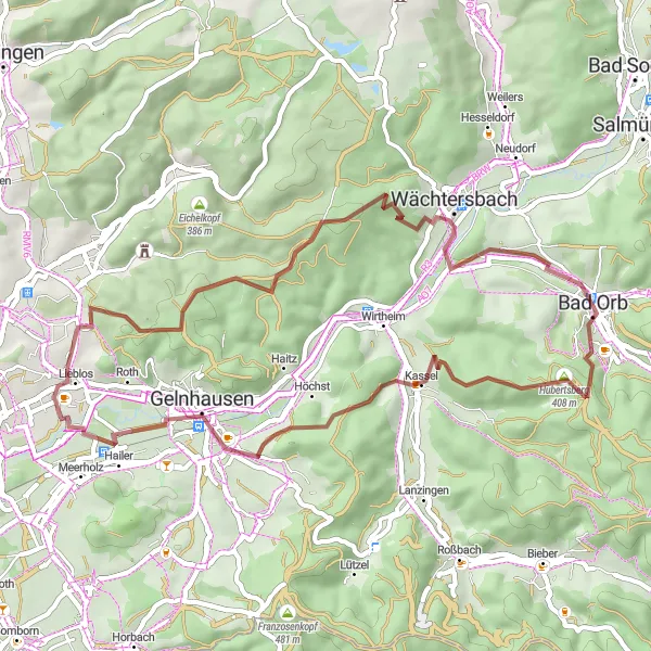 Map miniature of "Exploring the Gravel Roads of Bad Orb" cycling inspiration in Darmstadt, Germany. Generated by Tarmacs.app cycling route planner