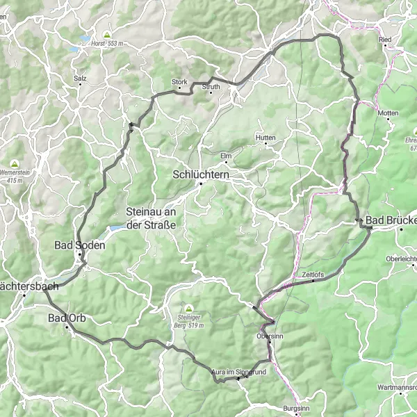 Map miniature of "Bad Orb to Wintersberg Road Route" cycling inspiration in Darmstadt, Germany. Generated by Tarmacs.app cycling route planner