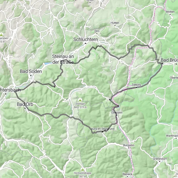 Map miniature of "The Grand Tour of Spessart" cycling inspiration in Darmstadt, Germany. Generated by Tarmacs.app cycling route planner