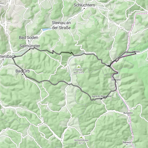 Map miniature of "Bad Orb Circular Route" cycling inspiration in Darmstadt, Germany. Generated by Tarmacs.app cycling route planner