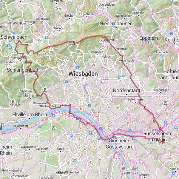 Map miniature of "Gravel adventure towards Jagdschloss Platte" cycling inspiration in Darmstadt, Germany. Generated by Tarmacs.app cycling route planner