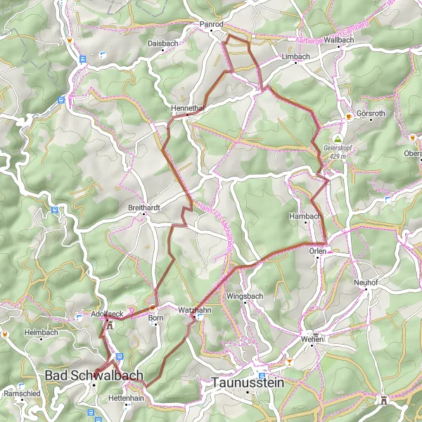 Map miniature of "Gravel Tour from Bad Schwalbach to Eulenberg" cycling inspiration in Darmstadt, Germany. Generated by Tarmacs.app cycling route planner