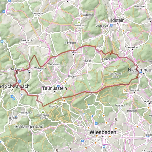 Map miniature of "Scenic Gravel Loop through Bad Schwalbach" cycling inspiration in Darmstadt, Germany. Generated by Tarmacs.app cycling route planner