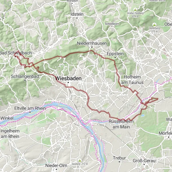 Map miniature of "Ultimate Gravel Adventure: Bad Schwalbach to Hettenhain" cycling inspiration in Darmstadt, Germany. Generated by Tarmacs.app cycling route planner