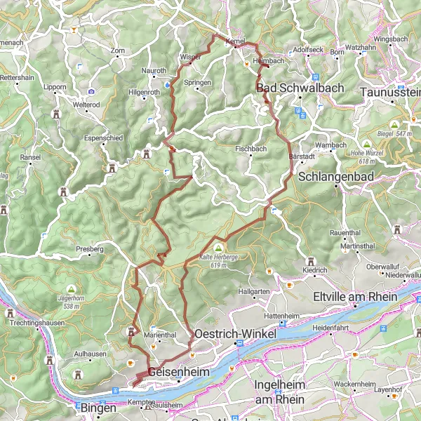 Map miniature of "Gravel Tour around Bad Schwalbach" cycling inspiration in Darmstadt, Germany. Generated by Tarmacs.app cycling route planner