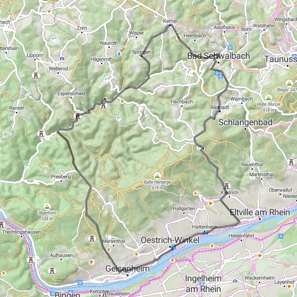 Karten-Miniaturansicht der Radinspiration "Weinberge und Ausblicke im Taunus" in Darmstadt, Germany. Erstellt vom Tarmacs.app-Routenplaner für Radtouren