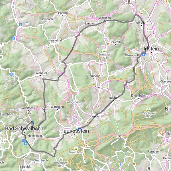 Map miniature of "Explore scenic landscapes near Limbach" cycling inspiration in Darmstadt, Germany. Generated by Tarmacs.app cycling route planner