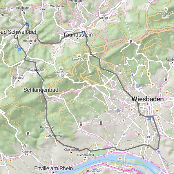 Map miniature of "Round trip from Bad Schwalbach" cycling inspiration in Darmstadt, Germany. Generated by Tarmacs.app cycling route planner