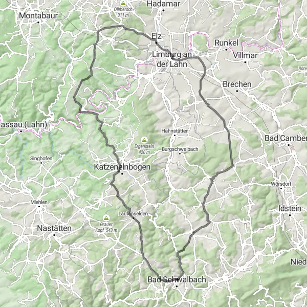 Map miniature of "Road Cycling Adventure: Bad Schwalbach to Frankenberg" cycling inspiration in Darmstadt, Germany. Generated by Tarmacs.app cycling route planner