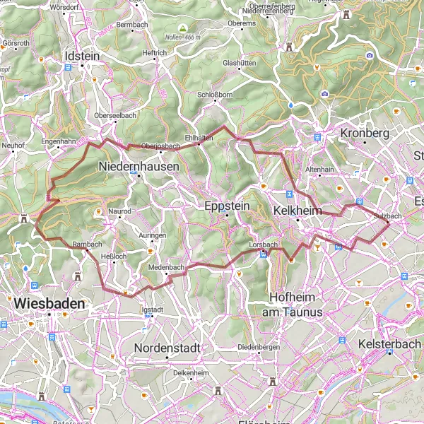 Karten-Miniaturansicht der Radinspiration "Liederbach und Kelkheim Gravelroute" in Darmstadt, Germany. Erstellt vom Tarmacs.app-Routenplaner für Radtouren