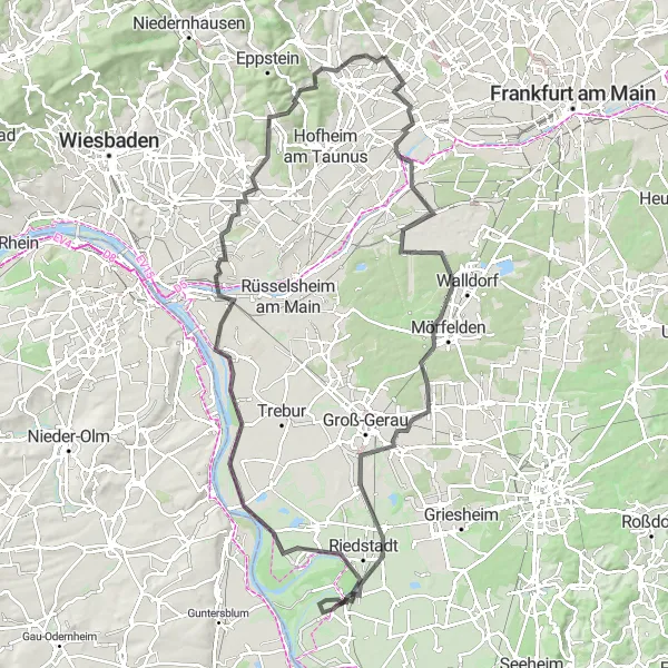 Map miniature of "Taunus in One Day" cycling inspiration in Darmstadt, Germany. Generated by Tarmacs.app cycling route planner
