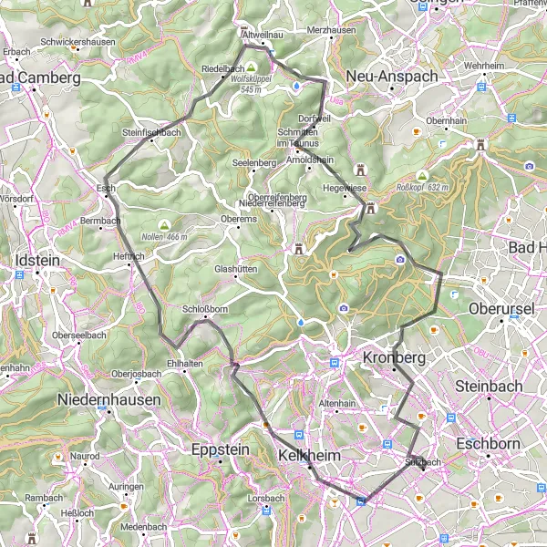Karten-Miniaturansicht der Radinspiration "Liederbach und Burg Kronberg Rundtour" in Darmstadt, Germany. Erstellt vom Tarmacs.app-Routenplaner für Radtouren