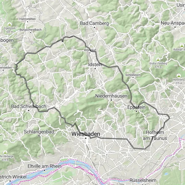 Karten-Miniaturansicht der Radinspiration "Taunus und Wiesbaden Entdeckungstour" in Darmstadt, Germany. Erstellt vom Tarmacs.app-Routenplaner für Radtouren
