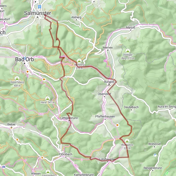 Map miniature of "Gravel Adventure in Bad Soden-Salmünster" cycling inspiration in Darmstadt, Germany. Generated by Tarmacs.app cycling route planner