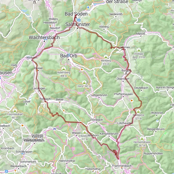 Map miniature of "Gravel Adventure in Salmünster" cycling inspiration in Darmstadt, Germany. Generated by Tarmacs.app cycling route planner