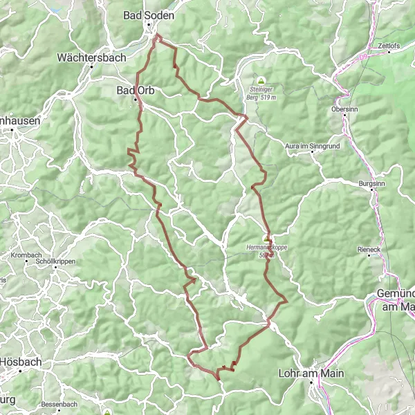 Map miniature of "Gravel Adventure through Spessart Forest" cycling inspiration in Darmstadt, Germany. Generated by Tarmacs.app cycling route planner