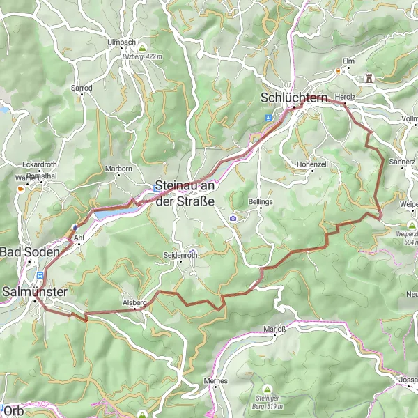 Map miniature of "Steinau Gravel Adventure" cycling inspiration in Darmstadt, Germany. Generated by Tarmacs.app cycling route planner