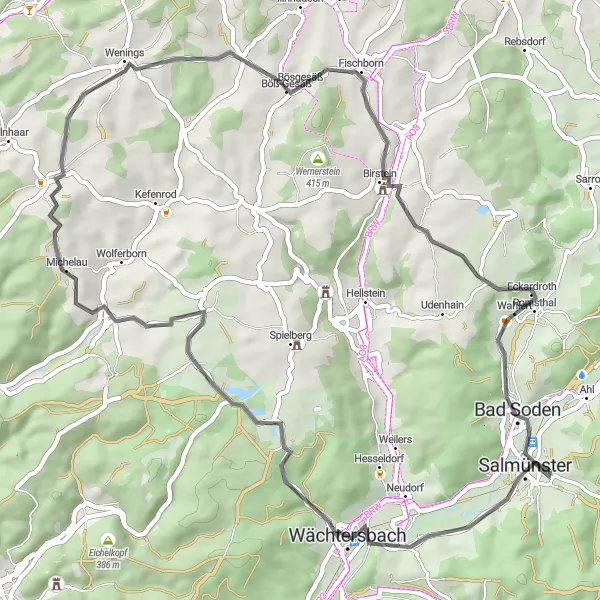 Map miniature of "Bindsachsen Special" cycling inspiration in Darmstadt, Germany. Generated by Tarmacs.app cycling route planner