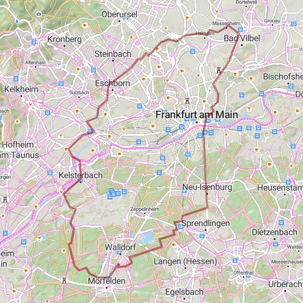 Map miniature of "Gravel and Nature" cycling inspiration in Darmstadt, Germany. Generated by Tarmacs.app cycling route planner