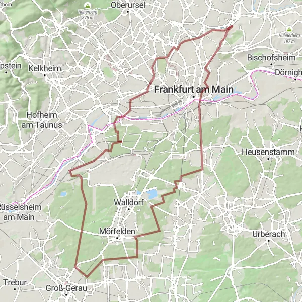 Karten-Miniaturansicht der Radinspiration "Gravel-Tour zum Aussichtsturm Mönchbruch" in Darmstadt, Germany. Erstellt vom Tarmacs.app-Routenplaner für Radtouren