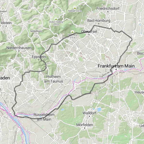 Map miniature of "Frankfurt Experience" cycling inspiration in Darmstadt, Germany. Generated by Tarmacs.app cycling route planner