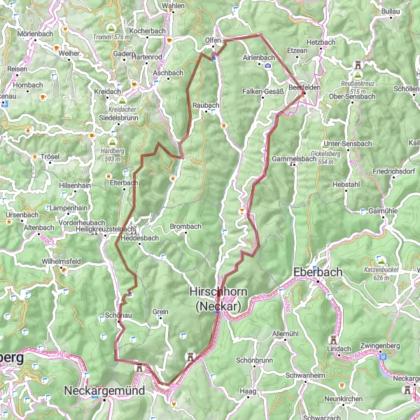 Map miniature of "Beerfelden to Galgen Beerfelden Gravel Cycling Route" cycling inspiration in Darmstadt, Germany. Generated by Tarmacs.app cycling route planner