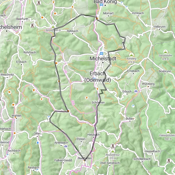 Map miniature of "Beerfelden to Hetzbach Road Cycling Route" cycling inspiration in Darmstadt, Germany. Generated by Tarmacs.app cycling route planner