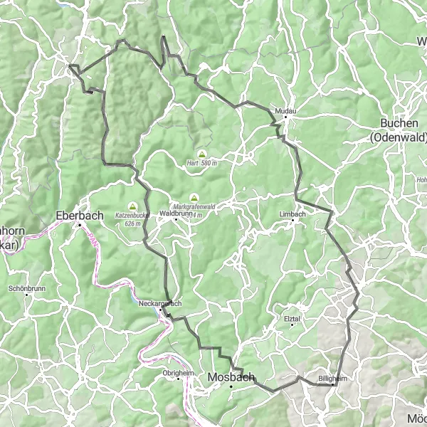 Map miniature of "Beerfelden to Neckargerach Road Cycling Route" cycling inspiration in Darmstadt, Germany. Generated by Tarmacs.app cycling route planner