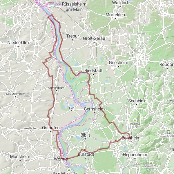 Karten-Miniaturansicht der Radinspiration "Gravel-Runde um Bensheim" in Darmstadt, Germany. Erstellt vom Tarmacs.app-Routenplaner für Radtouren