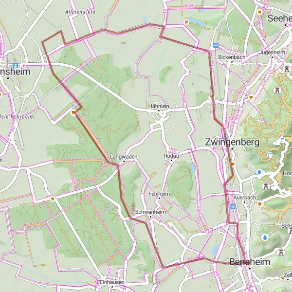 Karten-Miniaturansicht der Radinspiration "Roter Turm - Bensheim Schottertour" in Darmstadt, Germany. Erstellt vom Tarmacs.app-Routenplaner für Radtouren