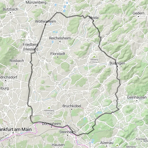 Map miniature of "Nidda Valley Challenge" cycling inspiration in Darmstadt, Germany. Generated by Tarmacs.app cycling route planner