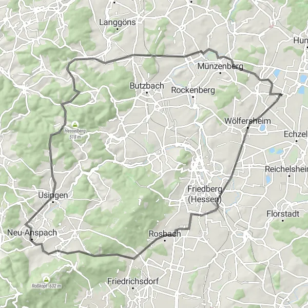 Map miniature of "Wölfersheim Loop" cycling inspiration in Darmstadt, Germany. Generated by Tarmacs.app cycling route planner