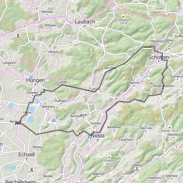 Map miniature of "Nidda Valley Route" cycling inspiration in Darmstadt, Germany. Generated by Tarmacs.app cycling route planner