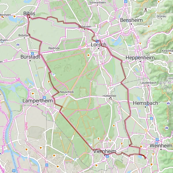 Map miniature of "Hans-Ludwig-Turm Gravel Adventure" cycling inspiration in Darmstadt, Germany. Generated by Tarmacs.app cycling route planner