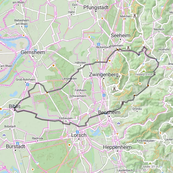 Map miniature of "Langwaden Circuit" cycling inspiration in Darmstadt, Germany. Generated by Tarmacs.app cycling route planner