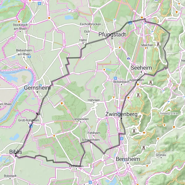 Karten-Miniaturansicht der Radinspiration "Historische Dörfer und Panoramablicke" in Darmstadt, Germany. Erstellt vom Tarmacs.app-Routenplaner für Radtouren