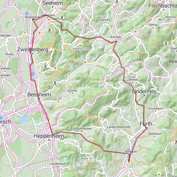 Karten-Miniaturansicht der Radinspiration "Abenteuerliche Gravel-Tour durch Heppenheim" in Darmstadt, Germany. Erstellt vom Tarmacs.app-Routenplaner für Radtouren