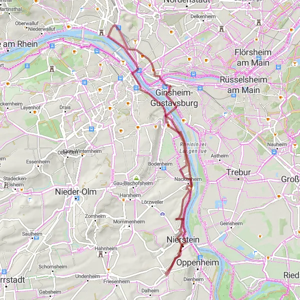 Map miniature of "Gravel Adventure to Nierstein and Gustavsburg" cycling inspiration in Darmstadt, Germany. Generated by Tarmacs.app cycling route planner