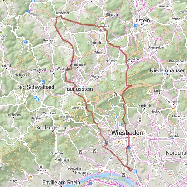 Map miniature of "Taunus Gravel Challenge" cycling inspiration in Darmstadt, Germany. Generated by Tarmacs.app cycling route planner