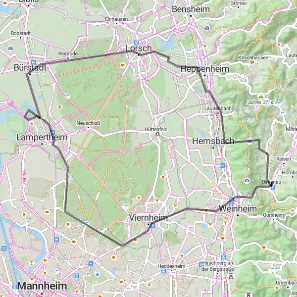 Map miniature of "Eastern Loop" cycling inspiration in Darmstadt, Germany. Generated by Tarmacs.app cycling route planner