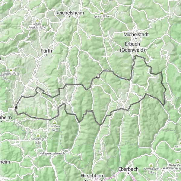 Karten-Miniaturansicht der Radinspiration "Anspruchsvolle Fahrradtour durch den Odenwald" in Darmstadt, Germany. Erstellt vom Tarmacs.app-Routenplaner für Radtouren