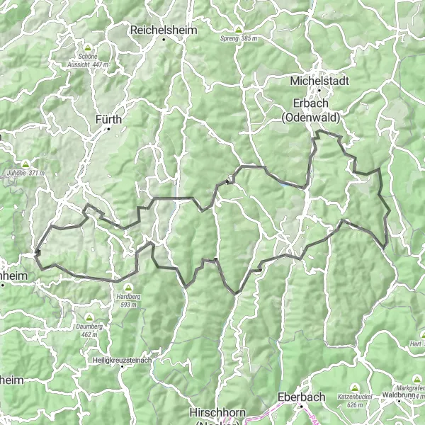 Map miniature of "Wine and Hills Exploration" cycling inspiration in Darmstadt, Germany. Generated by Tarmacs.app cycling route planner