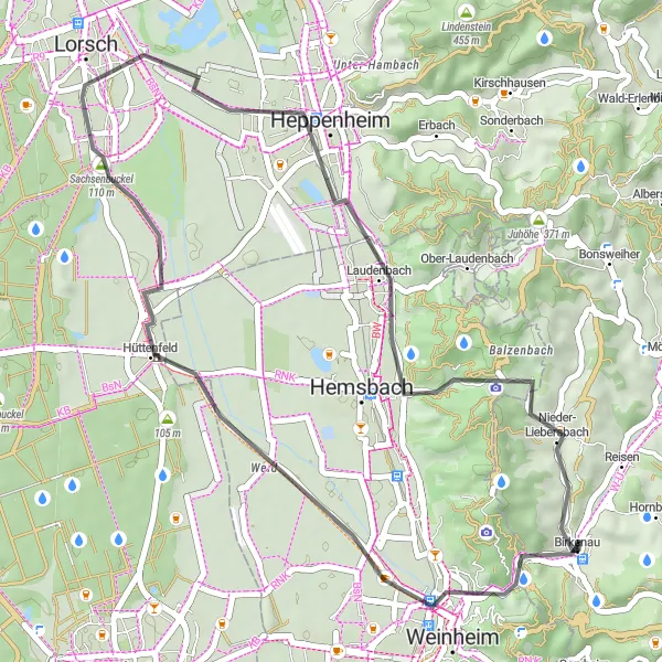 Karten-Miniaturansicht der Radinspiration "Wachenberg und Sachsenbuckel-Tour" in Darmstadt, Germany. Erstellt vom Tarmacs.app-Routenplaner für Radtouren