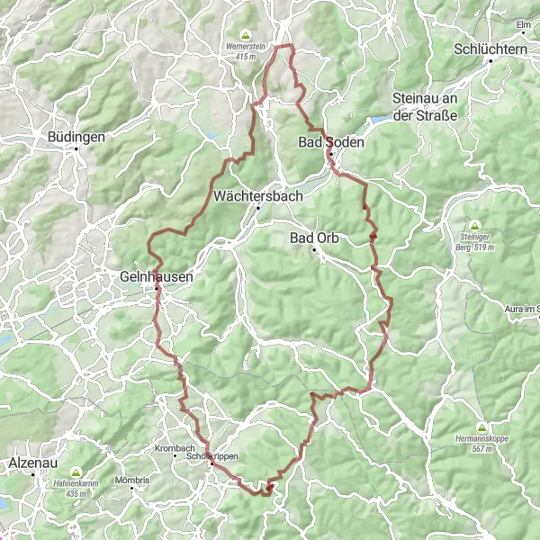 Karten-Miniaturansicht der Radinspiration "Gravel Tour um Birstein" in Darmstadt, Germany. Erstellt vom Tarmacs.app-Routenplaner für Radtouren
