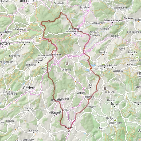 Karten-Miniaturansicht der Radinspiration "Entdeckungstour durch die Natur um Birstein" in Darmstadt, Germany. Erstellt vom Tarmacs.app-Routenplaner für Radtouren