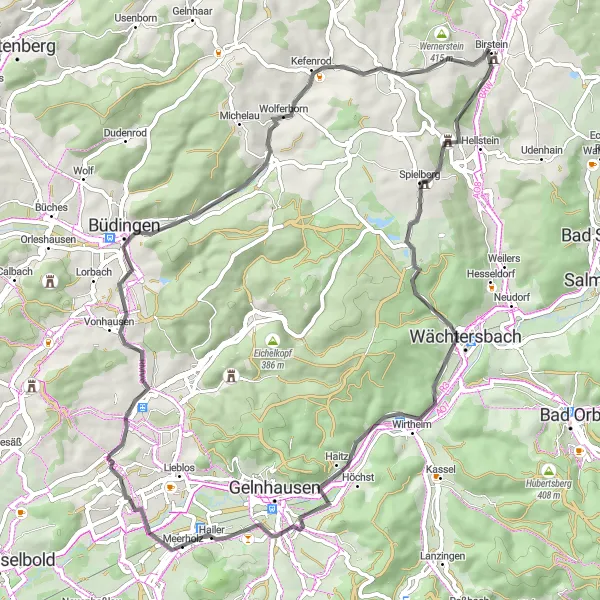 Map miniature of "Road Tour to Büdingen and Wernerstein" cycling inspiration in Darmstadt, Germany. Generated by Tarmacs.app cycling route planner