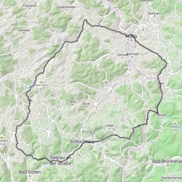 Karten-Miniaturansicht der Radinspiration "Road Tour nach Schlüchtern" in Darmstadt, Germany. Erstellt vom Tarmacs.app-Routenplaner für Radtouren